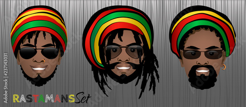 Set of smiling faces of bearded black rastaman men with dreadlocks,rasta hats and sunglasses. Vector illustration.