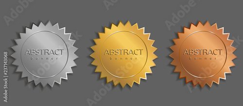 Set of metallic blank starburst, sunburst badges. Gold, silver and bronze icons. Stickers set. Metallic labels. Vector illustration.