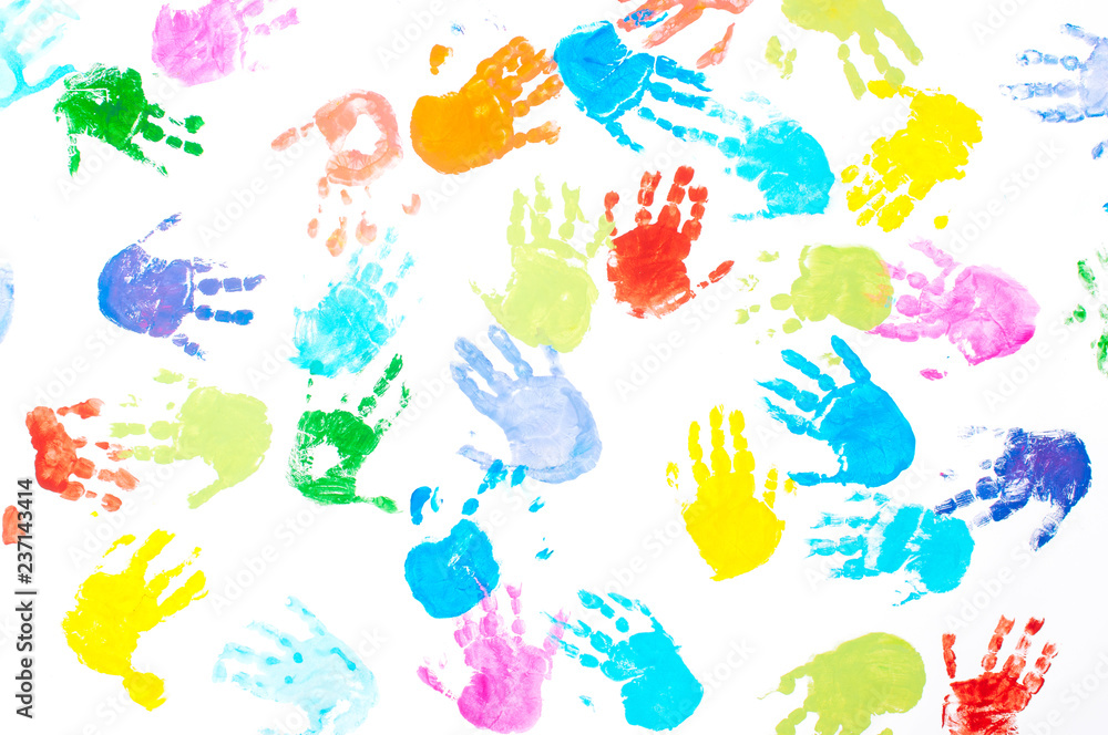 Multicolored kids handprints on white background Multicolored kids handprints on white background
