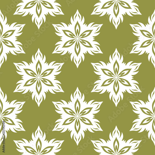 White floral seamless pattern on olive green background © Liudmyla