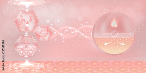 Hyaluronic acid skin solutions ad, pink collagen solution with cosmetic advertising background ready to use, vector illustration.	