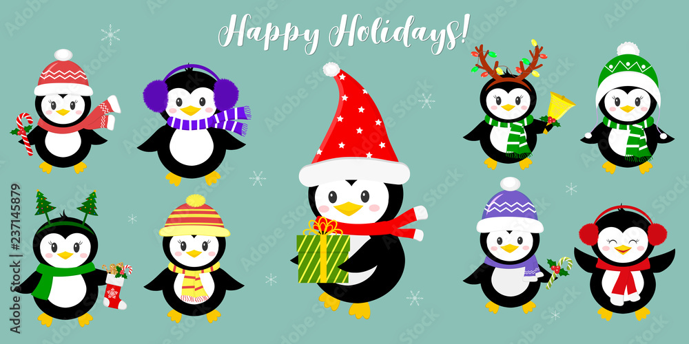 A set of nine happy penguin characters in different hats and accessories. Celebrates New Year and Christmas. Cartoon style, vector A set of nine happy penguin characters in different hats and accessories. Celebrates New Year and Christmas. Cartoon style, vector