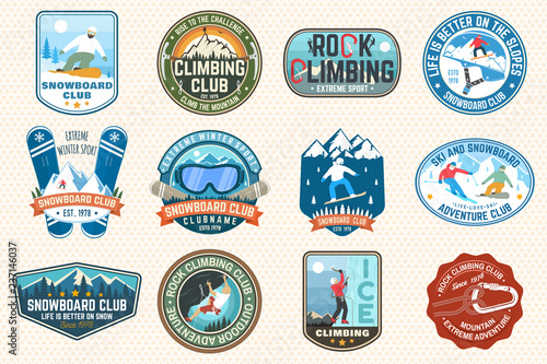 Set of Snowboarding and Rock Climbing club patches. Vector. Concept for patch, shirt, print, stamp. Vintage typography design with snowboarder, climber and mountain silhouette. Extreme sport.
