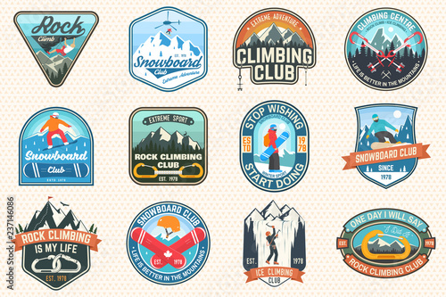 Set of Snowboarding and Rock Climbing club patches. Vector. Concept for patch, shirt, print, stamp. Vintage typography design with snowboarder, climber and mountain silhouette. Extreme sport.