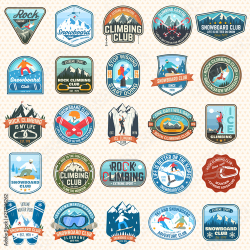 Set of Snowboarding and Rock Climbing club patches. Vector. Concept for patch, shirt, print, stamp. Vintage typography design with snowboarder, climber and mountain silhouette. Extreme sport. photo