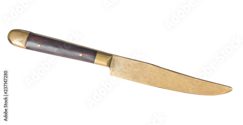 Top view of old knife with a wooden handlee isolated on white background