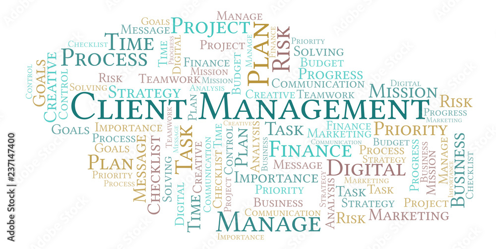 Obraz premium Client Management word cloud, made with text only.