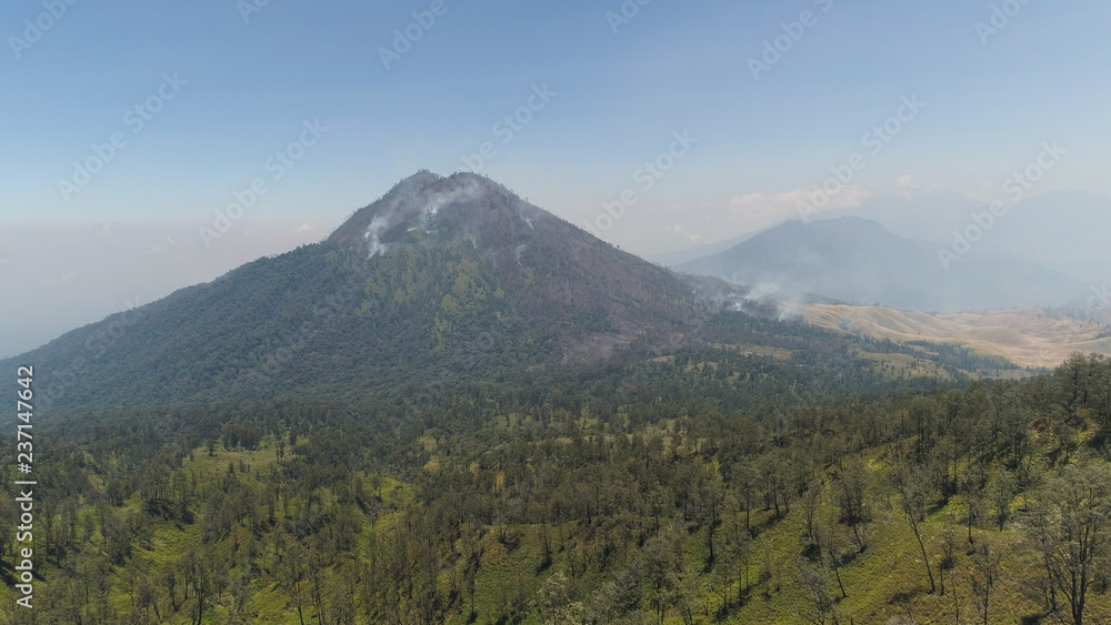 mountain landscape slopes mountains covered with green tropical forest. Java, Indonesia. aerial view mountain forest with large trees and green grass.
