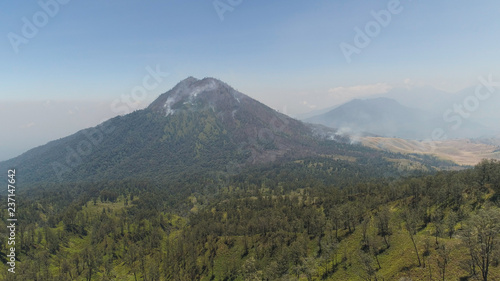 mountain landscape slopes mountains covered with green tropical forest. Java, Indonesia. aerial view mountain forest with large trees and green grass.