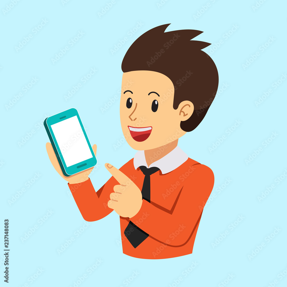 Vector businessman holding smartphone and pointing on the blank screen in cartoon style Vector businessman holding smartphone and pointing on the blank screen in cartoon style