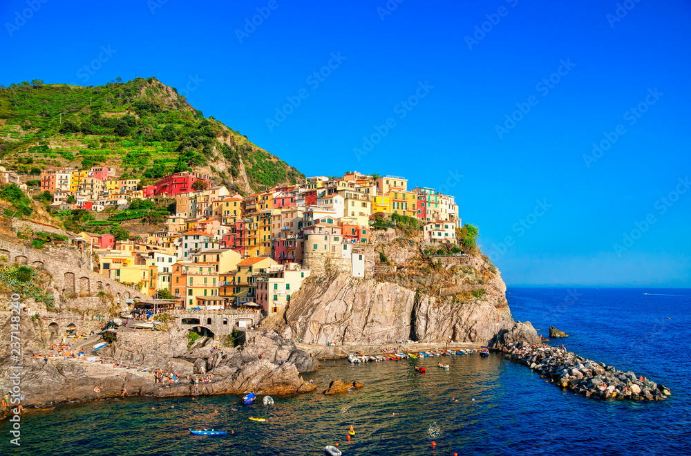Panaramic view of Manarola, Cinque Terre coast in Italy, Europe. Is one of five famous colorful villages of Cinque Terre National Park in Italy. Architecture and landmark of Manarola and Italy.