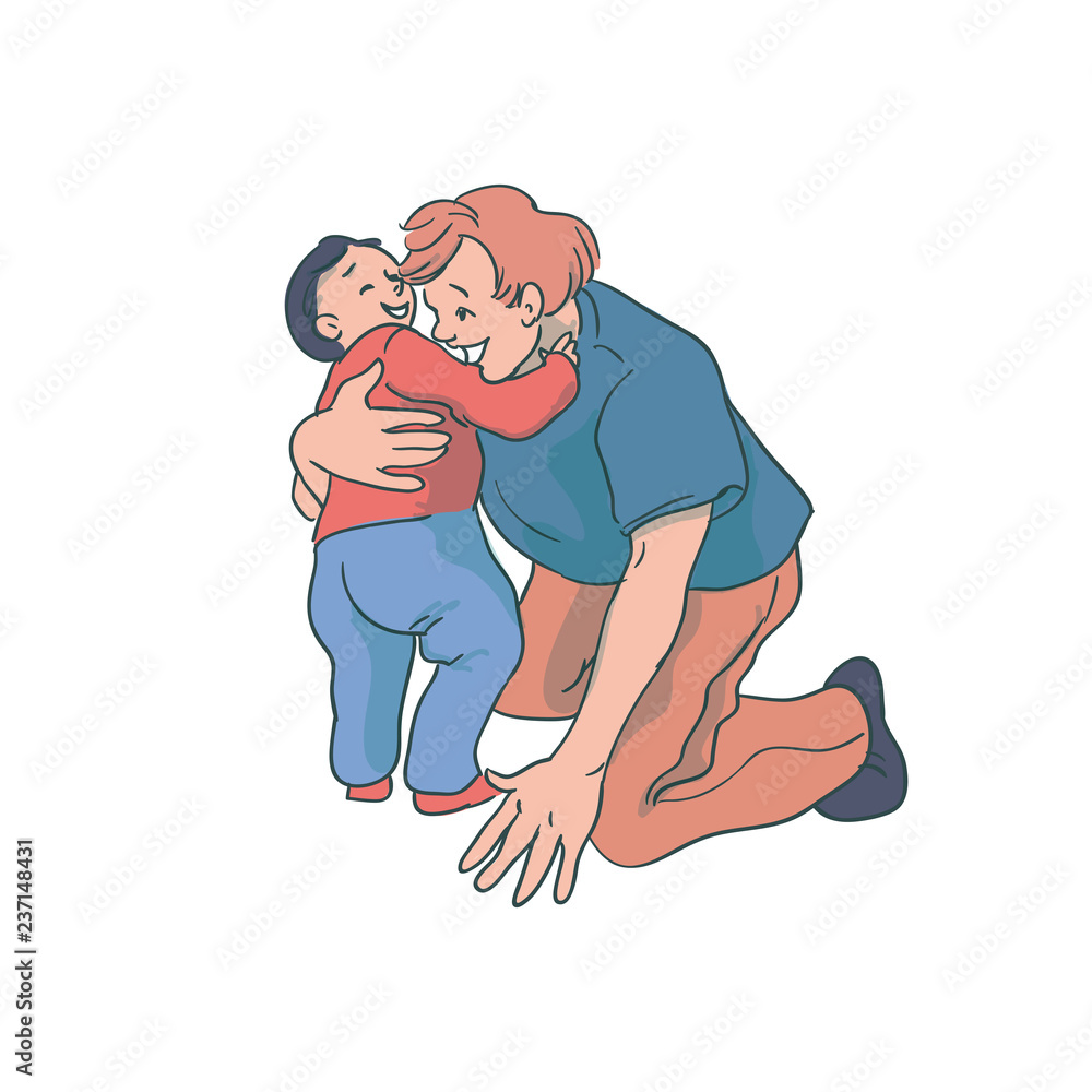 Happy man huging toddler boy. Family time vector illustration, concept of happy parenting and childhood Happy man huging toddler boy. Family time vector illustration, concept of happy parenting and childhood