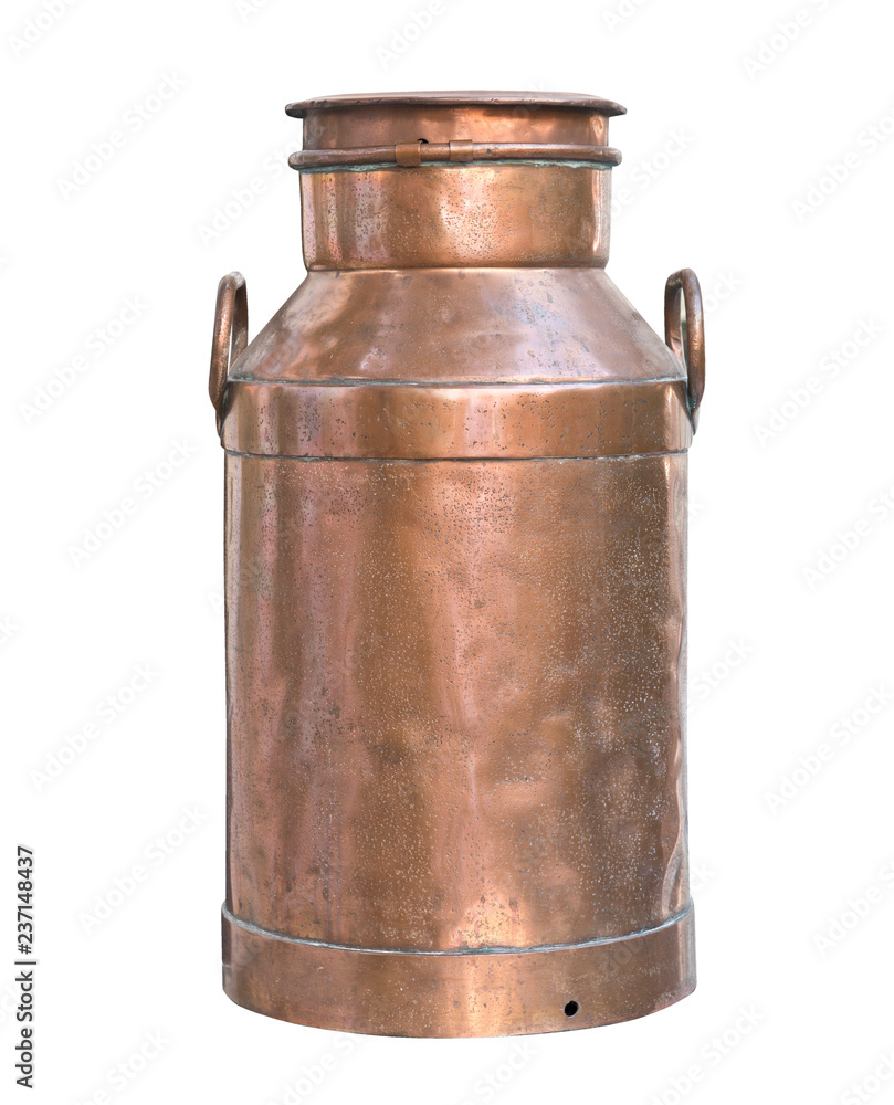 Old milk can copper isolated on white background. Rustic style. Old kitchen utensils and dishes. Old milk can copper isolated on white background. Rustic style. Old kitchen utensils and dishes.