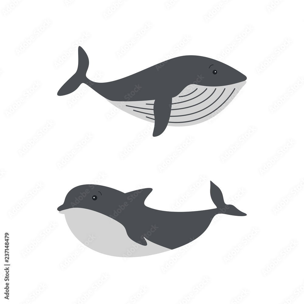 Whales and dolphins sea design icon vector set Whales and dolphins sea design icon vector set