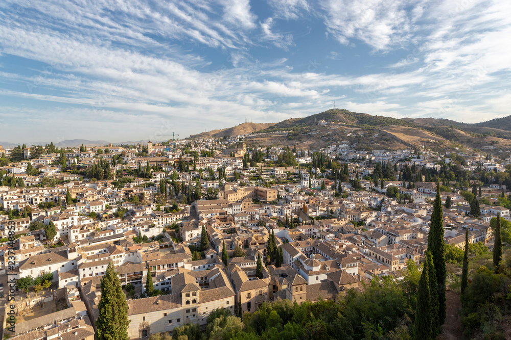 Granada city view taken from atop of Arms Tower in Alhambra palace. Granada, Spain