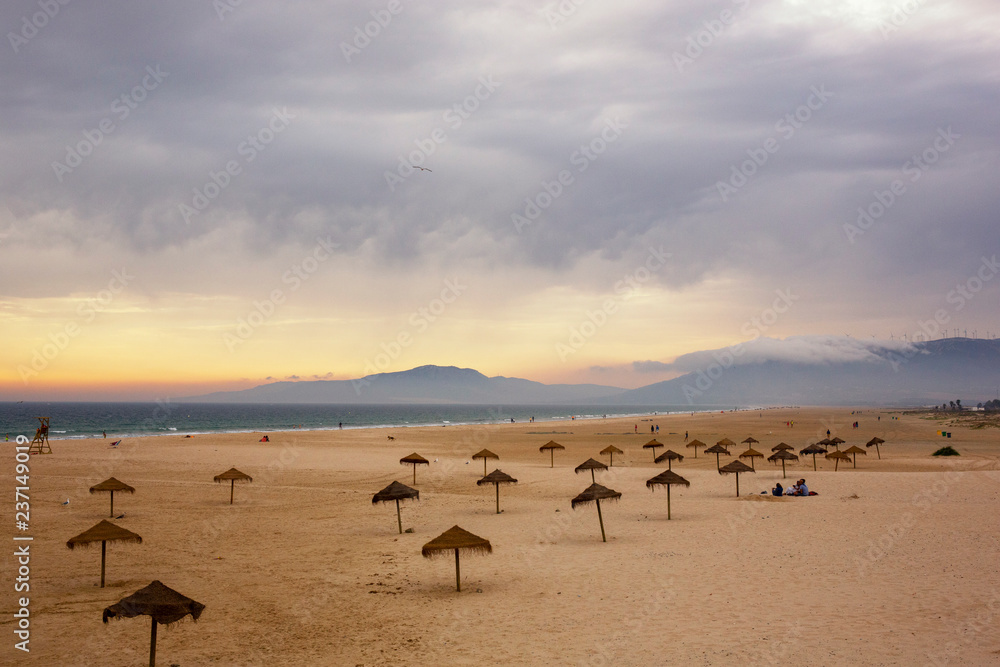 landscape of beautiful sandy great Los Lances Beach, from the breakwater rocks, in Tarifa town, Cadiz, Andalusia, Spain