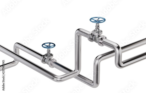 Industrial Pipes with Valves isolated on White Background. 3D illustration
