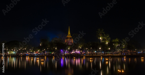  Sukhothai historical park  at night with lighting in Loy Krathong Festival .  Sukhothai  Thailand