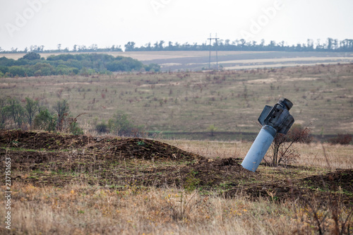 War actions aftermath, Ukraine and Donbass conflict, rocket engine multiple launch rocket system 