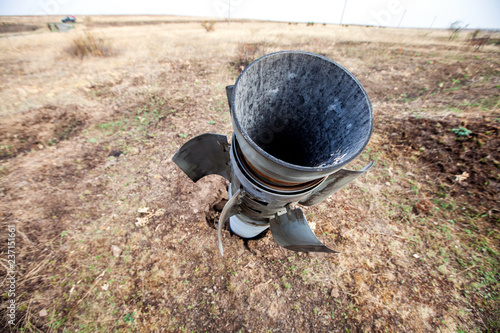 War actions aftermath, Ukraine and Donbass conflict, rocket engine multiple launch rocket system 