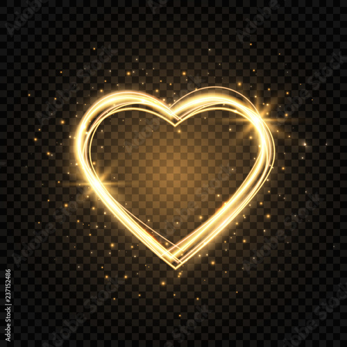 Glitter gold heart frame with space for text. Heart with golden light. Happy Valentines Day card with glowing heart. Bright glittering star dust. Festive border. Vector illustration