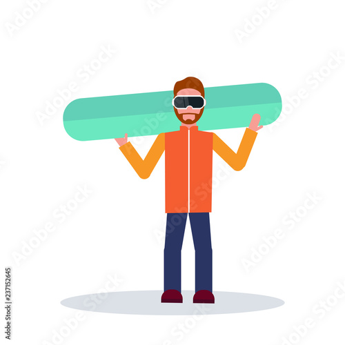 snowboarder man holding snowboard winter vacation hobby concept sportsman wearing goggles male cartoon character full length isolated flat