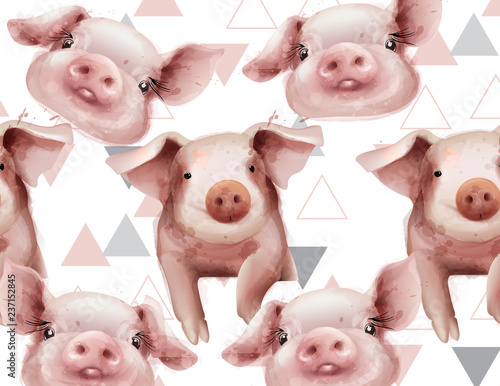 Watercolor Pig year pattern Vector. Watercolor style Happy New Year holiday e...