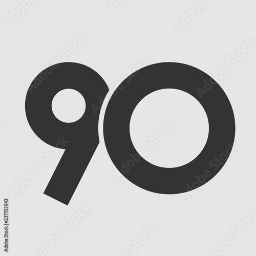 90 th years old logotype. Isolated simple abstract graphic symbol of 90%. Straight elegant cut number design template. Round shape digits, up to -90 % percent off sign. Emblem in minimalistic slyle.