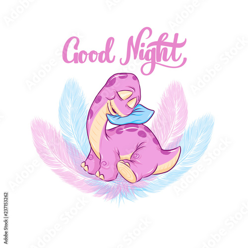 Sleeping baby dino with typography Good night . Vector hand drawn illustration of dinosaur with feathers as nest and lettering. Brontosaurus for nursery poster, banner, logo, icon, greeting card