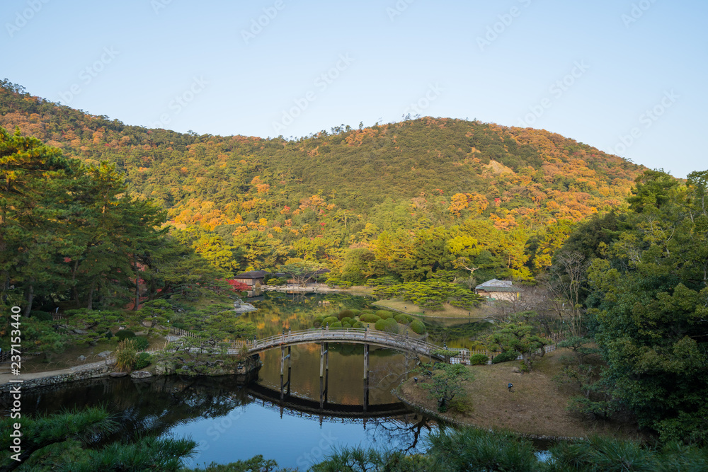 紅葉　栗林公園(香川県高松市)飛来峰から望む掬月亭、偃月橋　2018年11月撮影