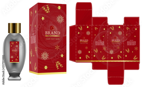 Holiday concept packaging design, Label on cosmetic container with red luxury box template and mockup box. illustration vector.	