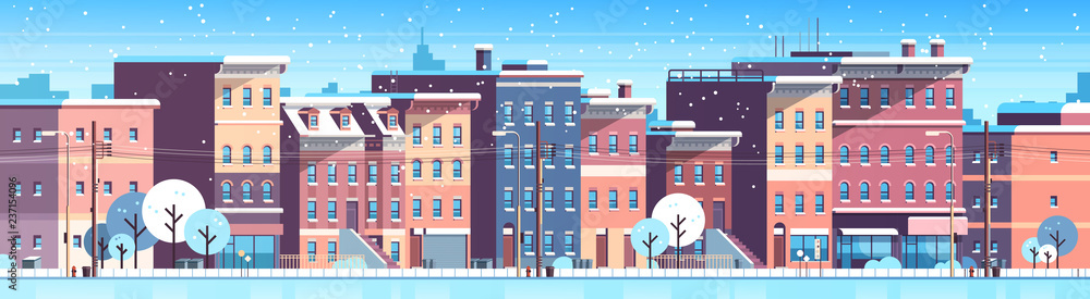 city building houses winter street cityscape background merry christmas happy new year concept flat horizontal banner flat