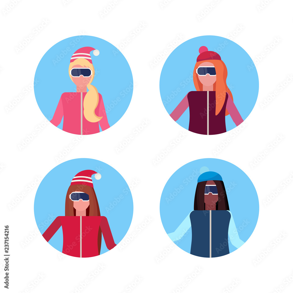 set women face avatar mix race girl wearing ski goggles happy female cartoon character portrait collection isolated