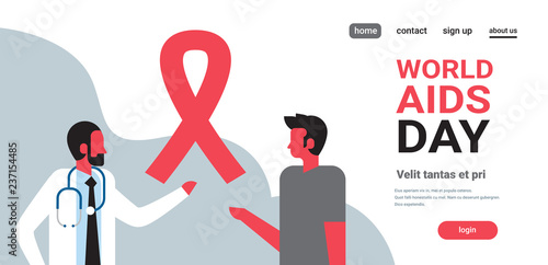 World AIDS day awareness red ribbon sign male doctor man medical consultation prevention poster horizontal flat copy space