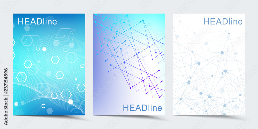 Modern vector templates for brochure, cover, banner, flyer, annual report, leaflet. Abstract art composition with connecting lines and dots. Digital technology, science or medical concept.