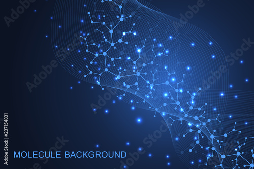 Abstract medical background DNA research, molecule, genetics, genome, DNA chain. Genetic analysis art concept with hexagons, lines, dots. Biotechnology network concept molecule, vector illustration