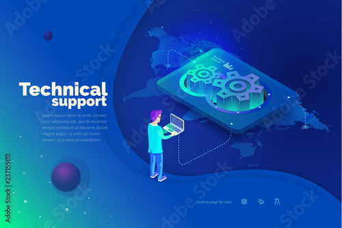 Technical support. A man interacts with a technical support system. Global map of the world. Technical support worldwide. Modern vector illustration isometric style.