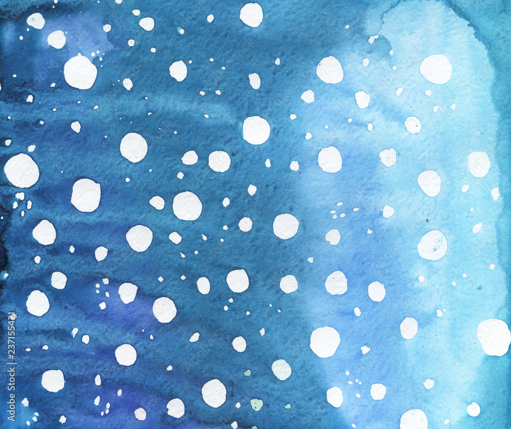 Abstract blue background with white spots. Sky with snowflakes, winter card design. hand drawn watercolor illustration.