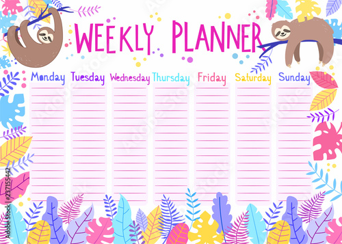 Weekly planner with cute sloth characters and tropical leaves in cartoon styl...