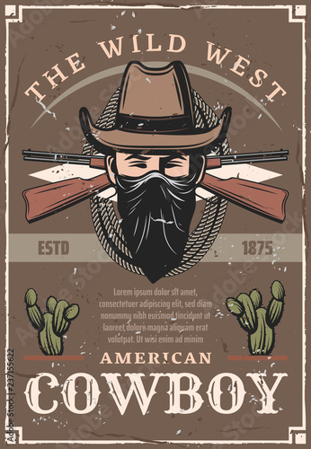 Cowboy in hat from American Wild West retro poster