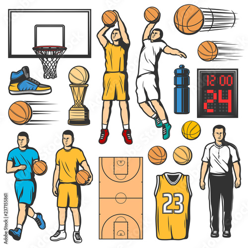 Basketball game icons, players and sport items