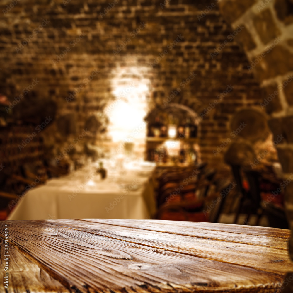 table background and dark interior of restaurant 