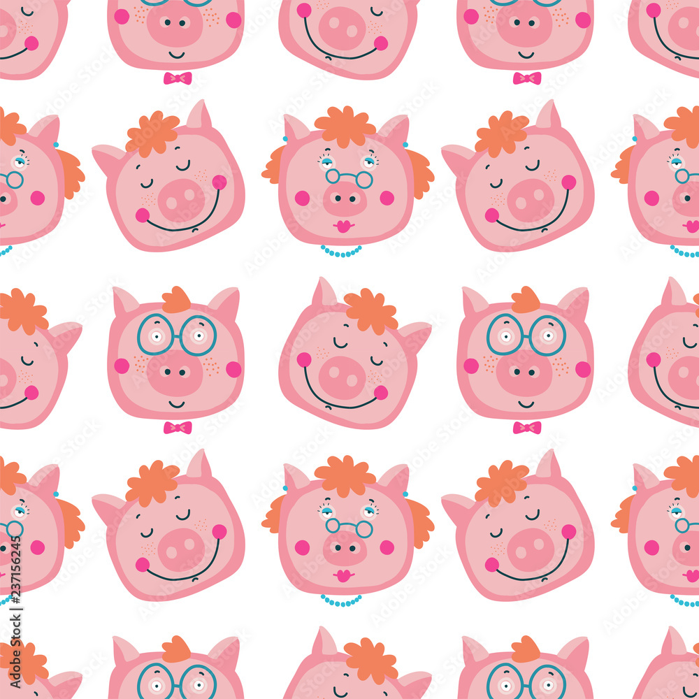 Vector hand-drawn illustration with pig in a village. Farm animal.