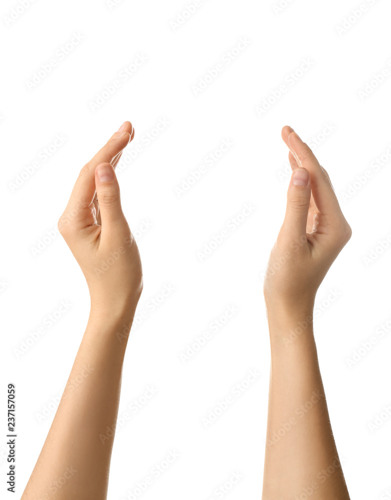 Female hands holding something on white background Female hands holding something on white background