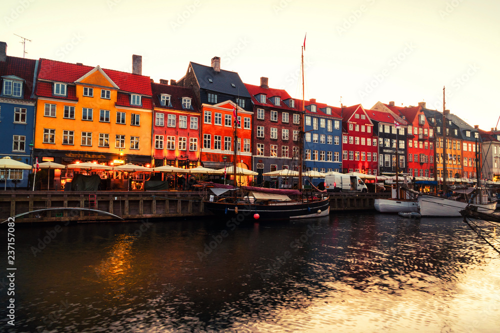 View of famous Nyhavn area in the center of Copenhagen, Denmark in the morning