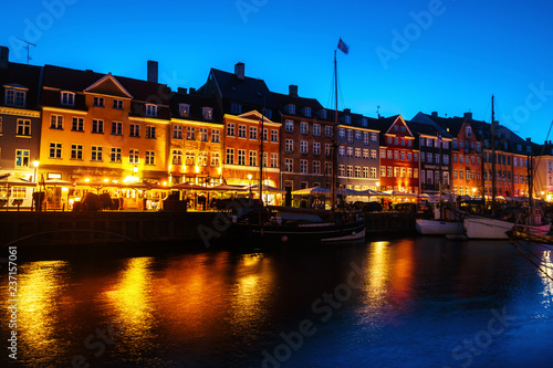 View of famous Nyhavn area in the center of Copenhagen, Denmark at night