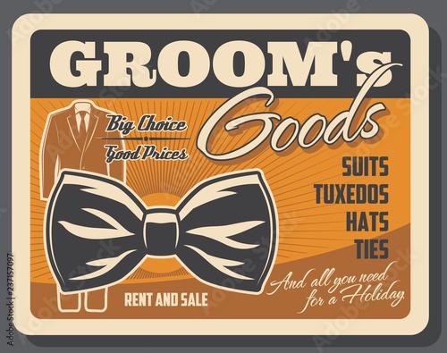 Groom goods retro poster with tuxedo and bowtie
