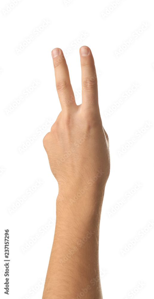 Male hand showing two fingers on white background Male hand showing two fingers on white background