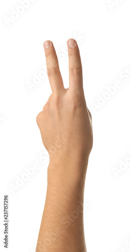 Male hand showing two fingers on white background