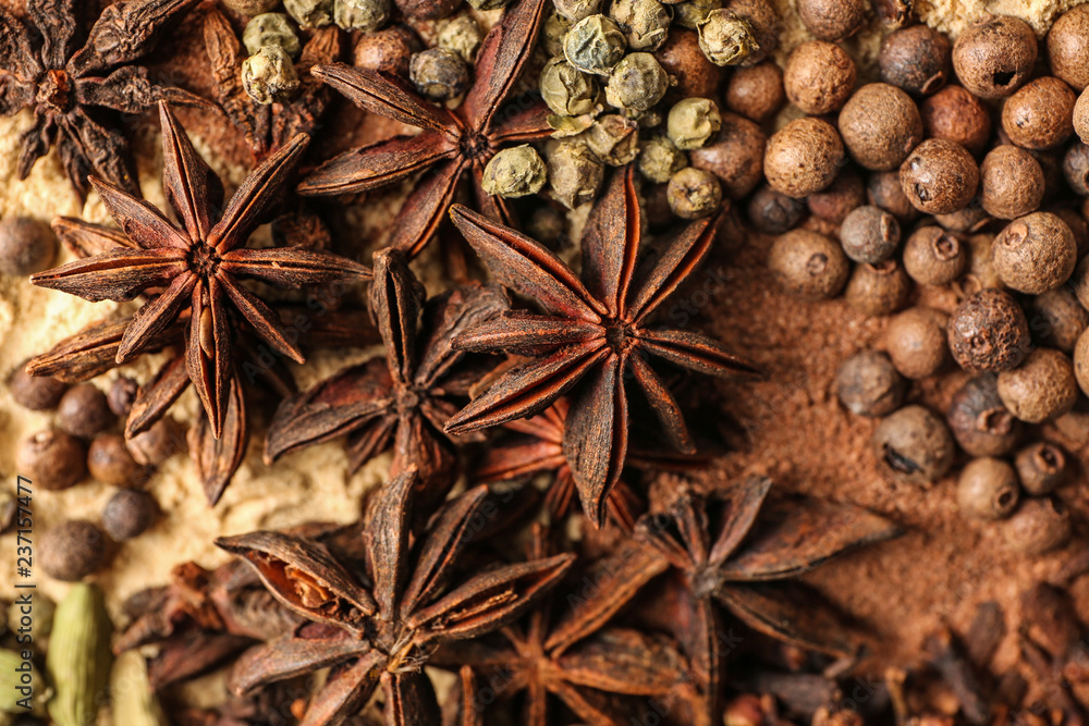 Different aromatic spices, closeup Different aromatic spices, closeup